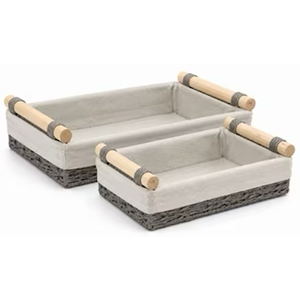 Woven Storage Baskets with Handles,Rectangle Paper Rope Rustic Baskets Cloth Lined for Shelves Home Bathroom Organizing,Wicker Storage Containers, 2-PACK 