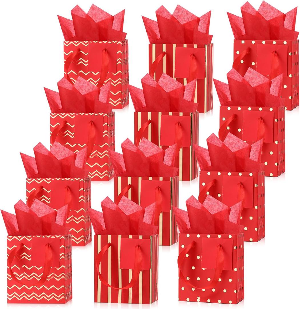 Tenare 12 Pcs Small Gift Bags Mini Metallic Paper Bag Bulk Tiny with Handle Tissue Paper for Gift Wrap Mother's Father's Day Birthday Graduation Party(4 x 2.75 x 4.5 Inch,Red Gold)