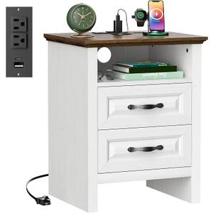 Marsail Nightstand for Bedroom, Night Stand with Charging Station, Bedside Table with 2 Drawers & Open Shelf, Farmhouse End Table Storage Cabinet, Wood Beige