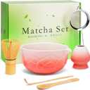 Matcha Whisk Set, Lotus Gradient Red Ceramic Matcha Set Includes Matcha Bowl, Matcha Whisk (Chasen) and Holder, Sifter, Bamboo Scoop & Spoon - 6 Pcs Matcha Kit for Matcha Lovers