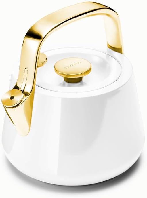 2 Quart Whistling Tea Kettle - Durable Stainless Steel Tea Pot - Fast Boiling, Stovetop Agnostic - Non-Toxic, PTFE & PFOA Free - Includes Pot Holder - White