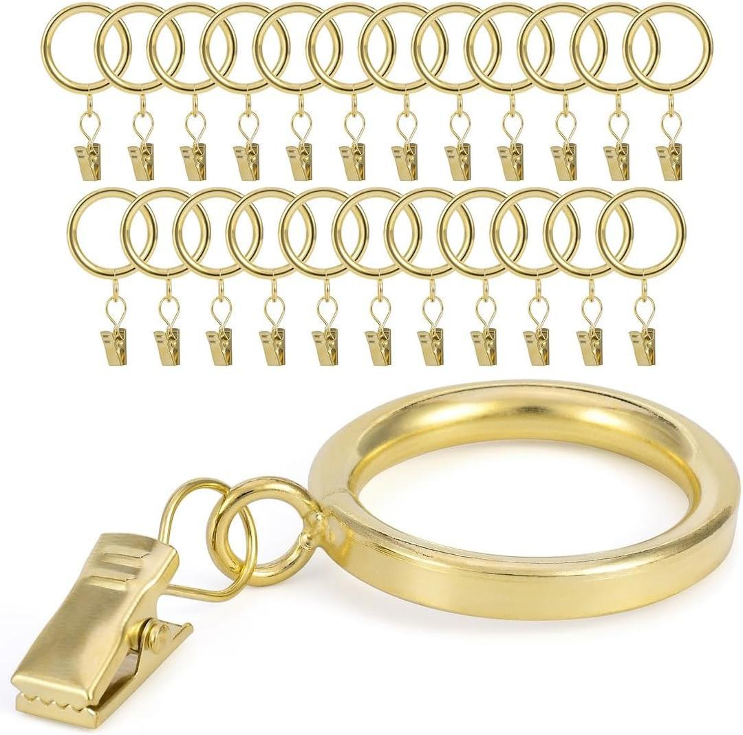 Curtain Rings with Clips - Set of 24, Interior Diameter 1.25inch,Fits Up to 1.0 Inch Rod (Gold-24pcs)