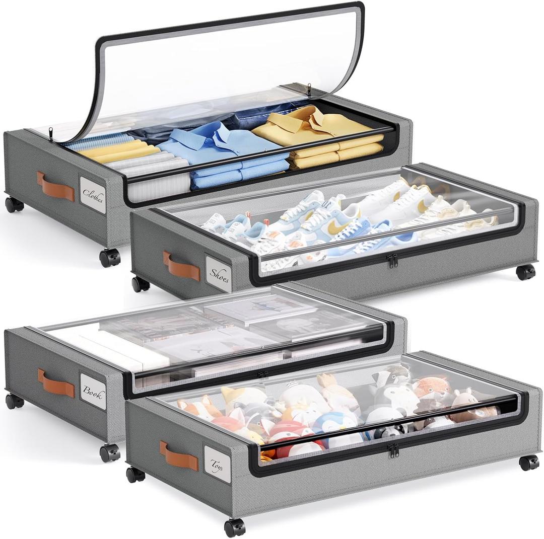 Yecaye 4 Pack Under Bed Storage with Wheels, Under Bed Storage Containers with Lids, Large Under Bed Rolling Storage with Clear Window & Label, Rolling Drawers for Clothes, Blankets, Books