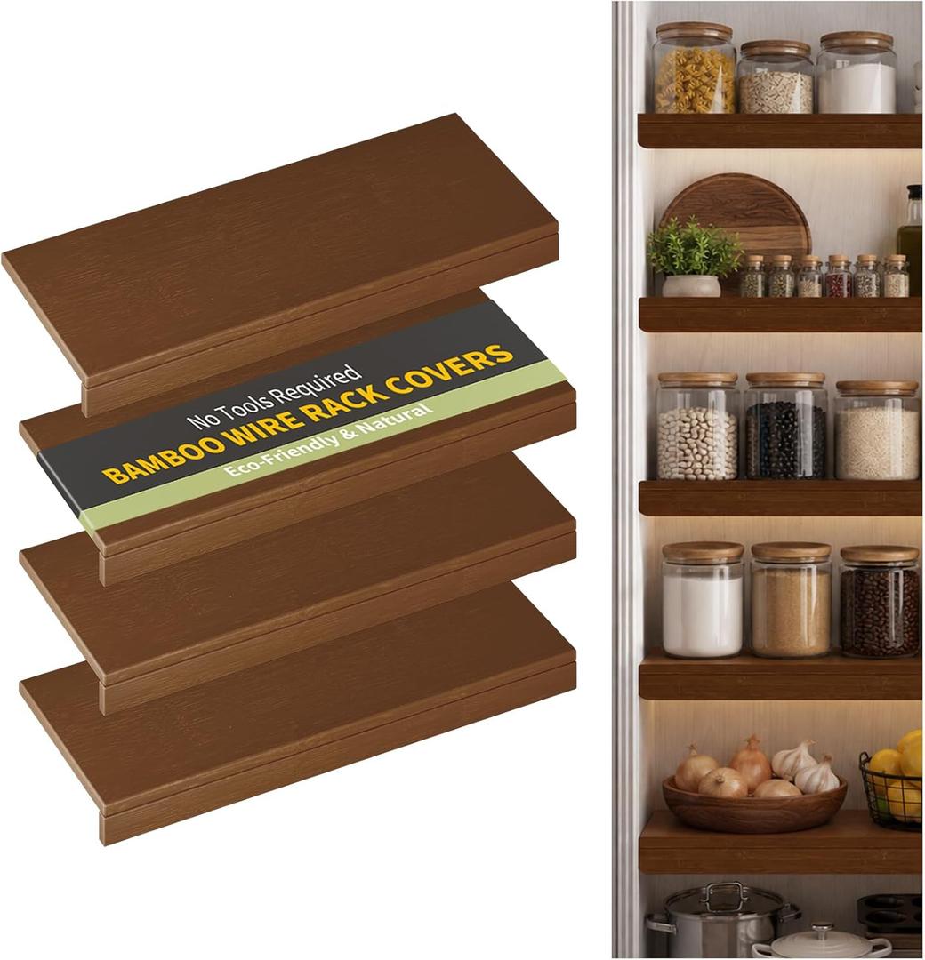 Bamboo Wire Shelf Covers, 30" W x 12" D, 4-Pack, Walnut
Wire Rack Covers for Pantry and Closet, Tool-Free, Easy to install and clean, Sturdy and Durable