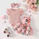 Baby Girl Clothes Cute Summer Outfits Short Sleeve Romper Adjustable Floral Overall Dress Headband 3PCS (Pink, M)