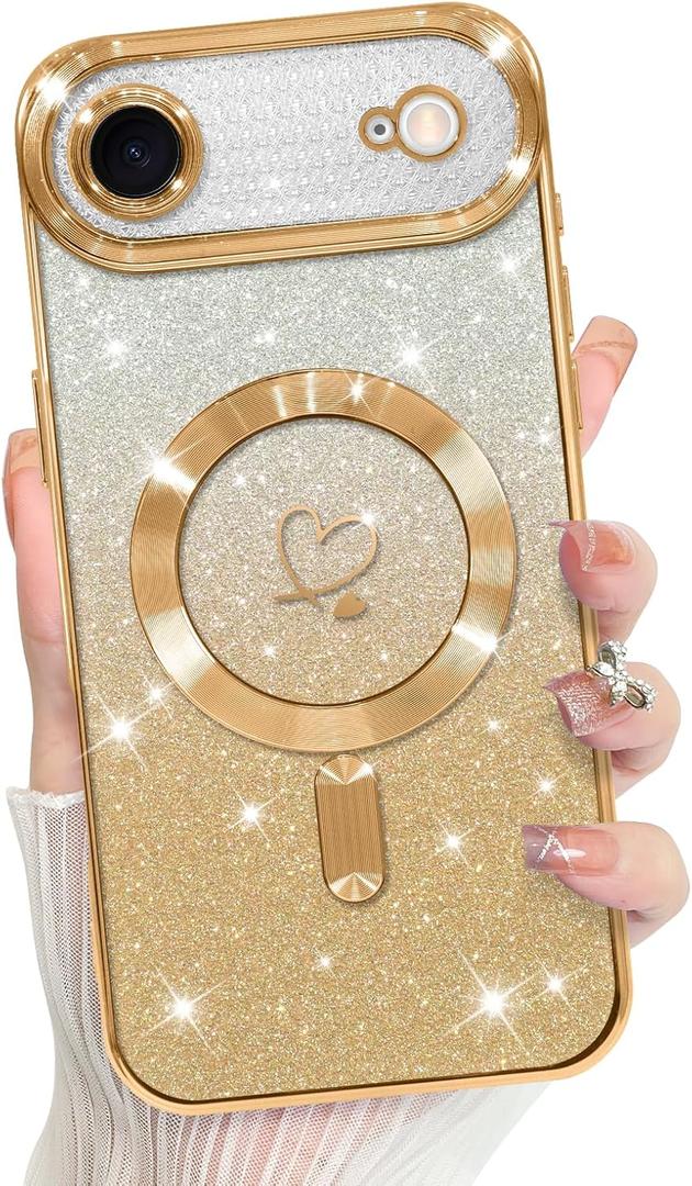 Bonoma Compatible with iPhone Air Case 2025 Support for MagSafe, Plating Heart Glitter Magnetic Case TPU Camera Protection Back Cover for Phone Case -Gold