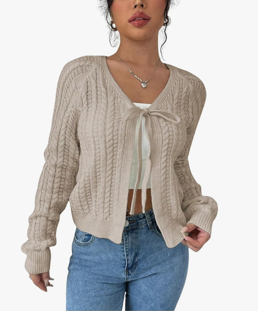 GORGLITTER Women's White Cropped Cardigan Tie Front Cardigan Cable Knit Sweater, Size S