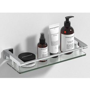 Glass Shelves for Wall, Chrome Stainless Steel & Tempered Glass Glass Shelf for Bathroom, Shelf Sink Over Toilet Bathroom Organizer (16-inch, Polished) (16 with Railing)
