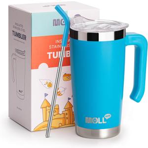 Mollcity Kids Insulated Tumbler with Handle Stainless Steel Double Wall Vacuum Travel Coffee Mug with Lid and Straw 20 oz Tumbler Cups with Silicone Pad Non Slip (Sky Blue)