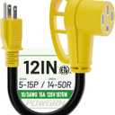 POWGRN NEMA 5-15P to NEMA 14-50R, RV 50 Amp to 110 Adapter 12 inch, Heavy Duty 10/3 Gauge RV Electrical Adapter, STW 10AWG 15A 125V 1875W, Black-Yellow, ETL Listed