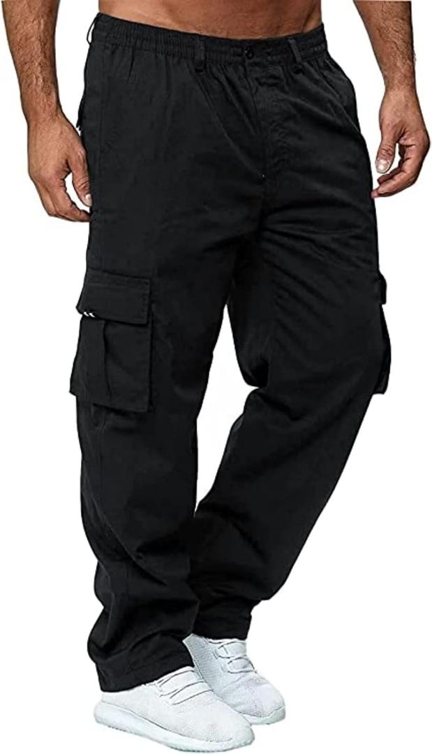 AIFARLD Men's Cargo Pants with Pockets Cotton Hiking Sweatpants Casual Athletic Jogger Sports Outdoor Trousers Relaxed Fit Black Large