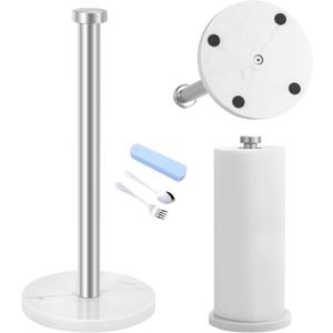 Standing Paper Towel Holder, Kitchen Paper Towel Roll Holder- for Bathroom Kitchen Countertop with Weighted Marble Base for One-Handed Operation (Silver), Silver Paper Towel Holder