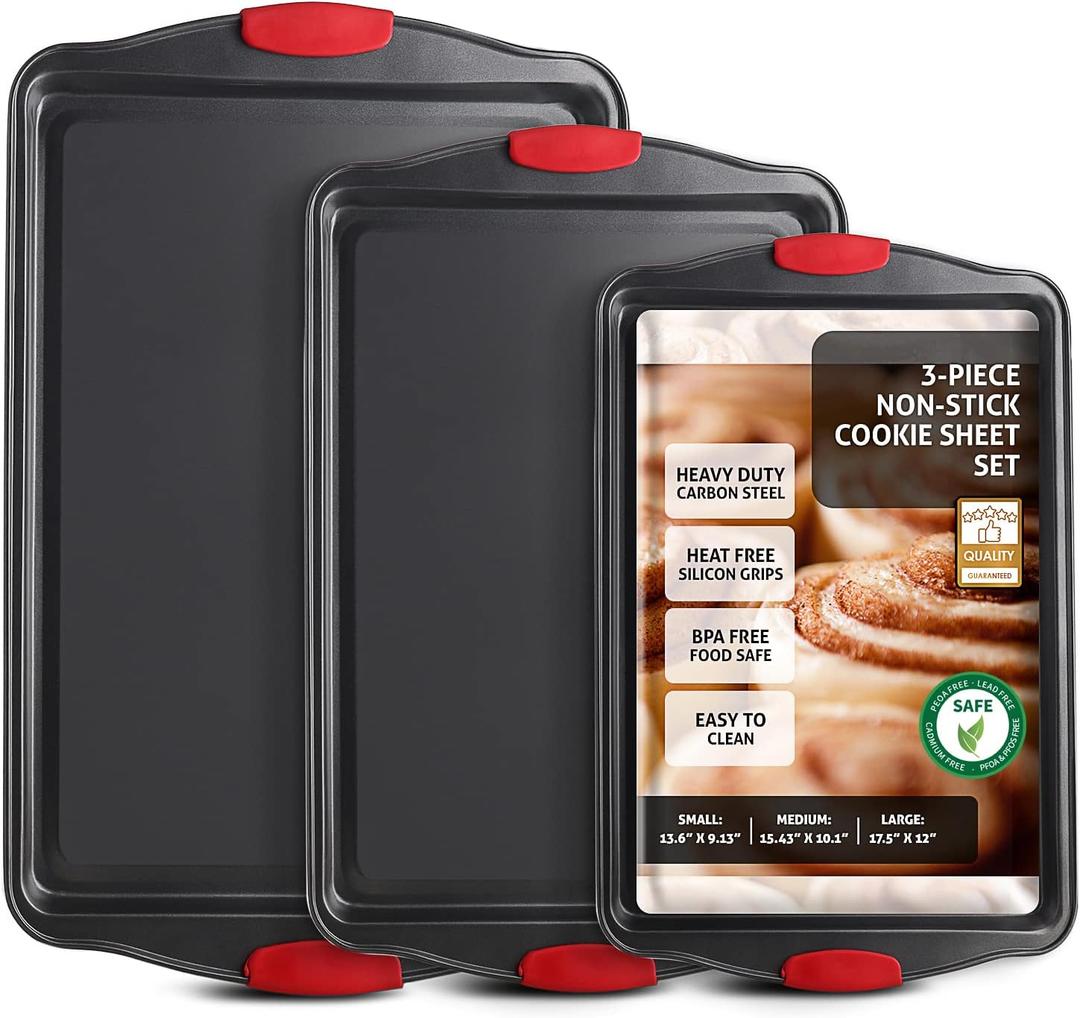 Baking Sheet Set, 3-Piece Cookie Sheet Set with Silicone Handles, Steel Baking Pan, Durable Baking Sheets for Oven, BPA Free Cookie Sheets for Baking Nonstick Set, Premium Sheet Pan, Black Baking Tray