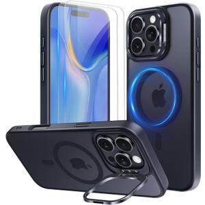 Mitywah for iPhone 16 Pro Max Case with Stand, 2X [Tempered Glass Screen Protector] Military-Grade Drop Protection N52 Magnetic Phone Case, Matte Translucent Slim Case Skin-Friendly Touch, Black