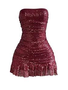 SOLY HUX Women's Sparkly Sequin Strapless Dresses Ruffle Mini Party Dress Cocktail Gowns Pure Burgundy Large