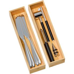 Kitchen Drawer Organizer Bins, Stackable Bamboo Deep Drawer Organizer for Silverware, Utensils, Cutlery, Flatware, Junk Drawer, Dresser, Bathroom, 12" x 3" x 2.5" (Set of 2)