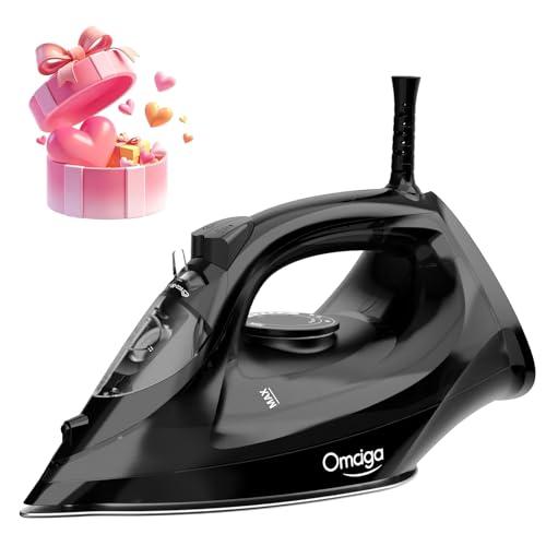 OMAIGA Steam Iron for Clothes, 1500W Iron with Rapid Heating, Non-Stick Ceramic Soleplate, Burst of Steam, Self-Cleaning, Auto-Off, Anti-Drip, 11.84oz Water Tank Ironing Clothes for Home, Black