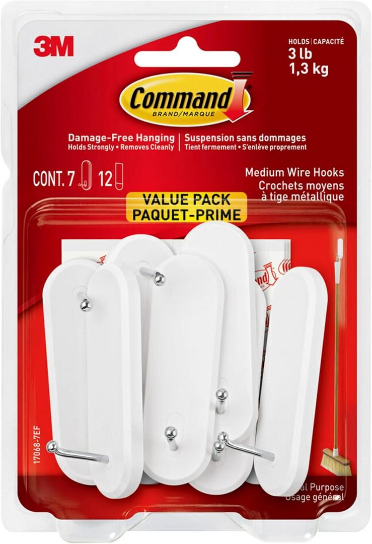 Command Medium Wire Hooks Value Pack, White, 7-Hooks, 12-Strips, Organize Damage-Free