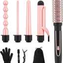 5 in 1 Curling Iron Set with Instant Heat Up, Dual Voltage, 4 Interchangeable Ceramic Curling Wands, Curling Brush, Heat Protective Glove & 2 Clips (Curling Iron 0.3-1.5")