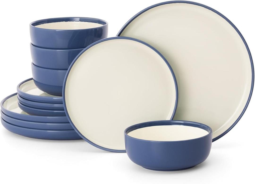 Famiware Lake MacDonnell Plates and Bowls Set for 4, 12 Pieces Dinnerware Sets, Handcrafted, Stoneware Dishes Set, Blue and Beige