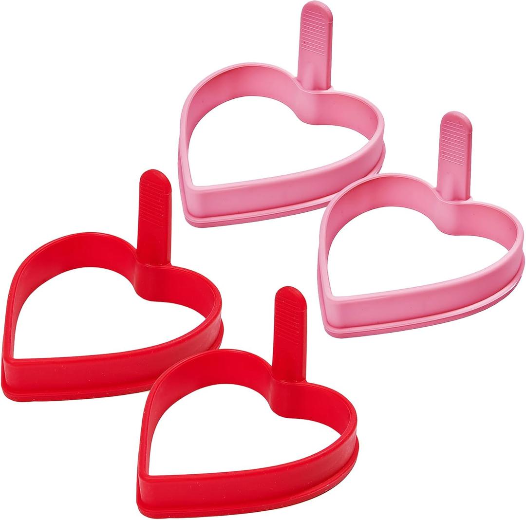 Heart Silicone Pancake Molds, 4 Pack Silicone Pancake Molds for Heart Shape Pancakes, Pancake Maker Mould Egg Rings for Griddle - Pink & Red