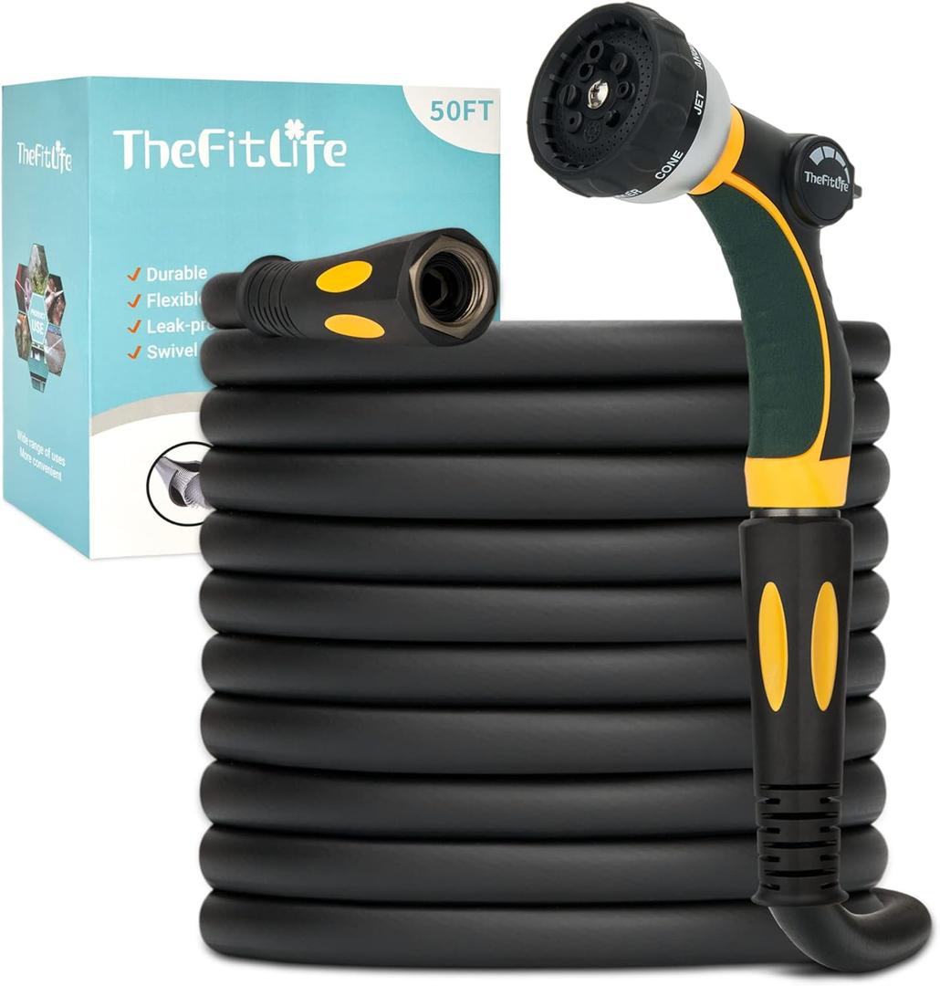 TheFitLife Garden Flexible Hose - Heavy Duty Kink Resistant Water Hose with Soft Grip Handle and 8 Function Nozzle, Durable, Strength and Leak Proof Hose for Gardening, Outdoor, Yard (50ft)