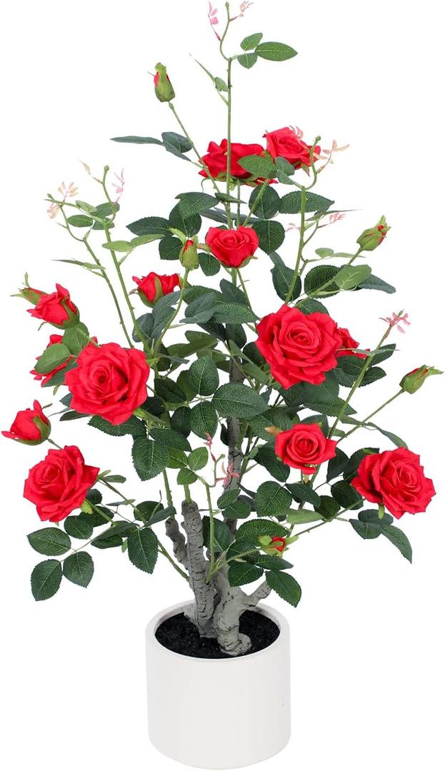 Yepdin 39 inch Artificial Rose Tree with Decorative White Planter,21 Blooming Fake Outdoor Flower Trees,Faux Plants for Indoor Home Front Door Decor