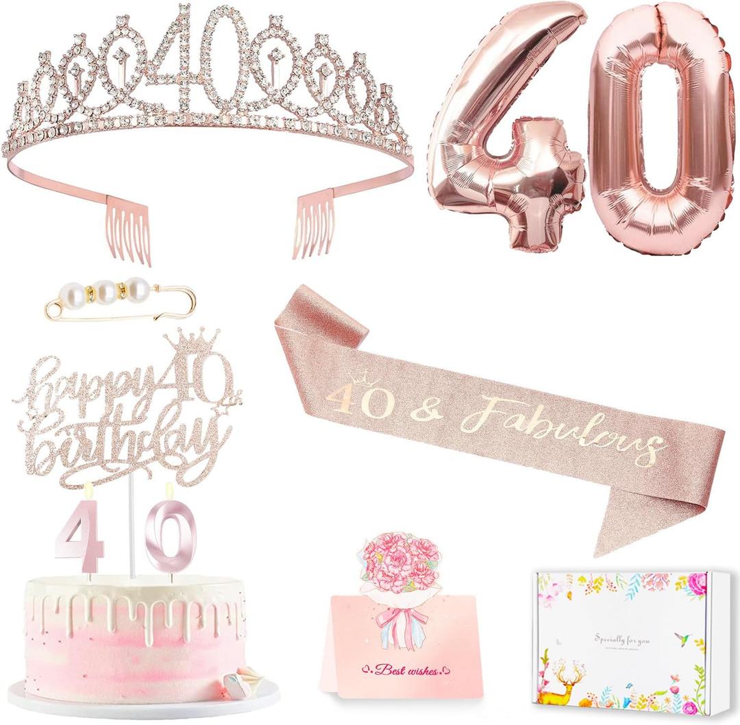 40th Birthday Gifts Decorations for Women, Including 40th Happy Birthday Cake Toppers, Birthday Queen Sash with Pearl Pin, Sweet Rhinestone Tiara Crown, Number Candles and Balloons Set