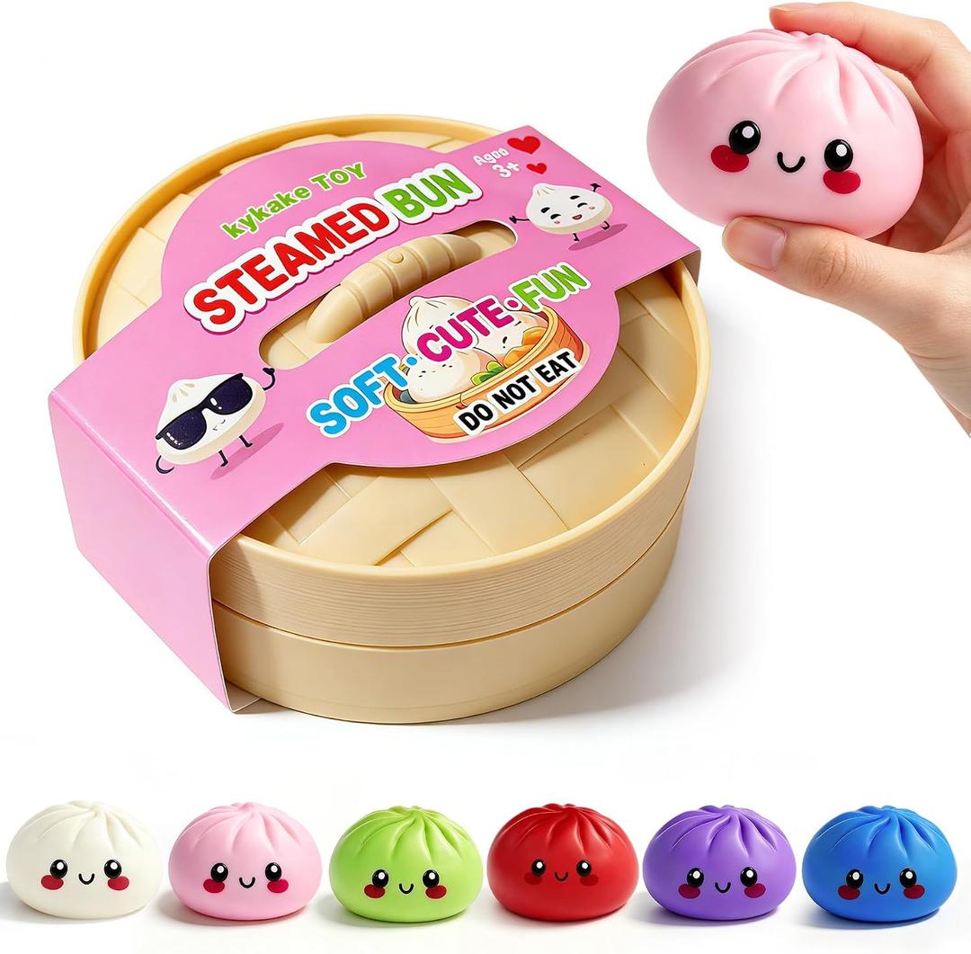 Dumpling Squishies, Dumpling Squishy Mystery Box, Fidget Sensory Toy, Squeeze Dough Ball Stress Relief Hand Toys with Food Steamer, Squishy Toys Mystery Box, 6 Colors Random (2.36in)