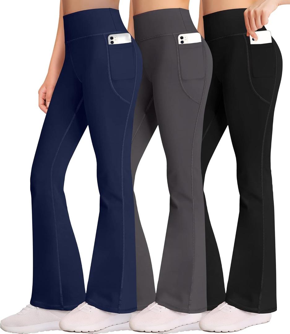 AENLLEY Girl Yoga Flare Wide Leg Tummy Control Stretchy Pants for Causal with Pockets 3 Pack (X-Large, Black/Grey/Navy)