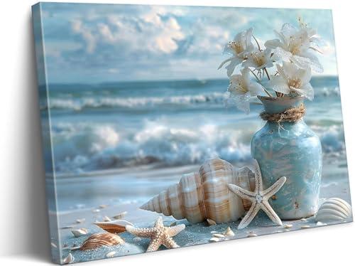 Blue Ocean Beach Bathroom Canvas Wall Art Starfish with White Flower Coastal Picture Wall Decor Seascape Poster Seaside Seashell Painting Print Artwork for Living Room Bedroom Restroom, Framed