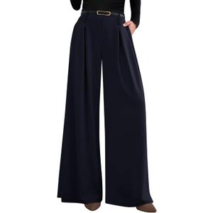 PRETTYGARDEN Womens Wide Leg Trousers 2026 Elastic High Waisted Dress Pants Pleated Slacks Flowy Business Work Palazzo Pants (Small Long, Navy)
