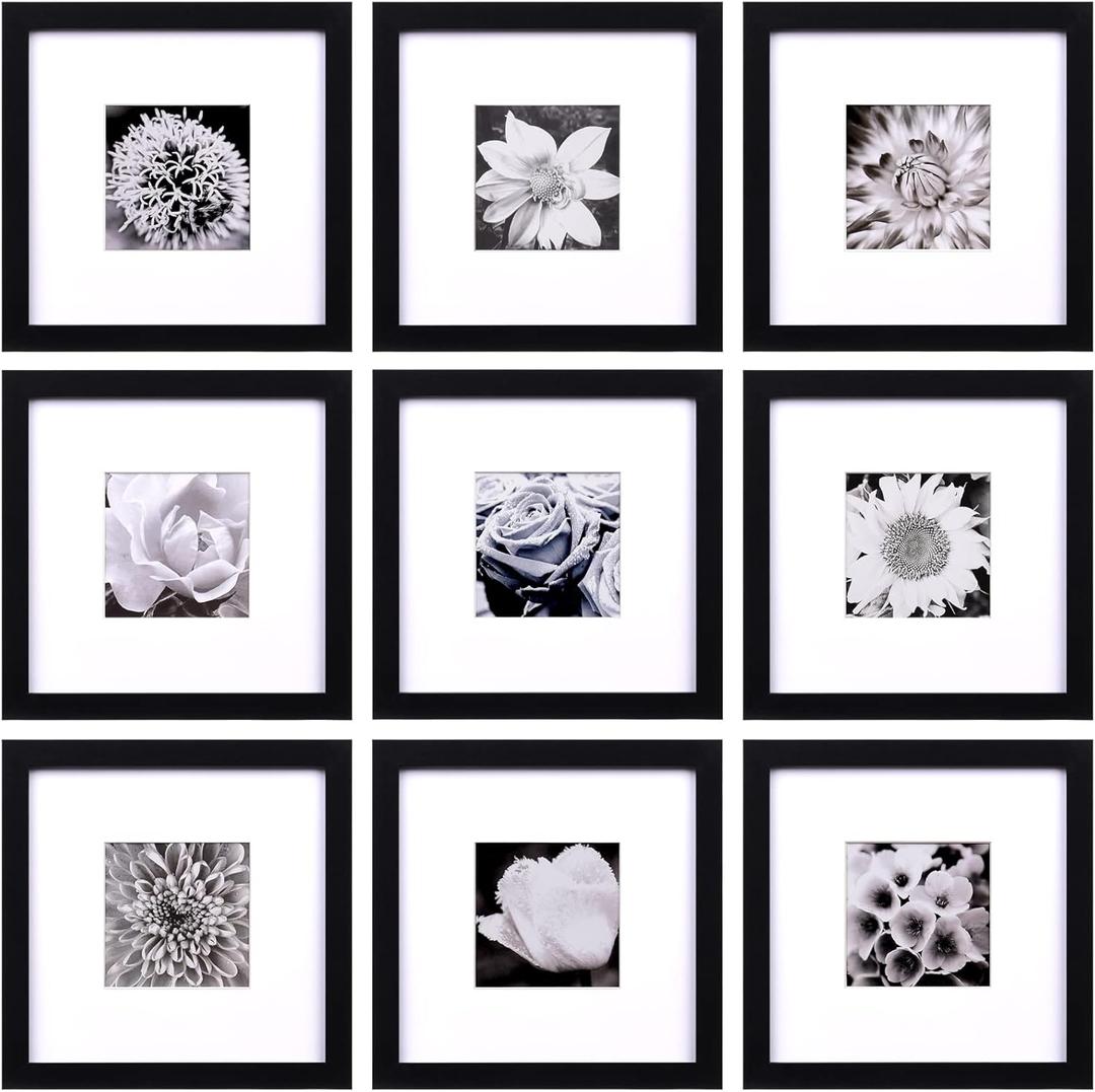 Yaetm 8x8 Picture Frames Black Set of 9, Square 8x8 Frame Displays 4x4 with Mat or 8 x 8 without Mat, Gallery Wall Frames for Wall Mounted (9 Pack, Black)