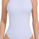 ALLBASE Women's Sexy Double Lined Sleeveless Bodysuits Racerback Halter Tank Top for Womens Sexy Going Out Leotards, White, Medium