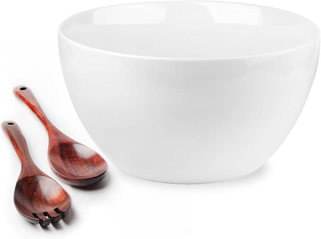 LAUCHUH Salad Serving Bowls, 5 Quarts Porcelain White Serving Bowl Extra Large Mixing Bowl with Spoon Set for Salad, Preparing, Pasta, Popcorn, Chips, Fruit, Vegetables, Christmas, 3 Pcs