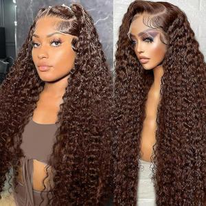 26 Inch Dark Brown Deep Wave Lace Front Wigs 180% Density 13x4 HD Pre Plucked Deep Curly Glueless Wig for Women