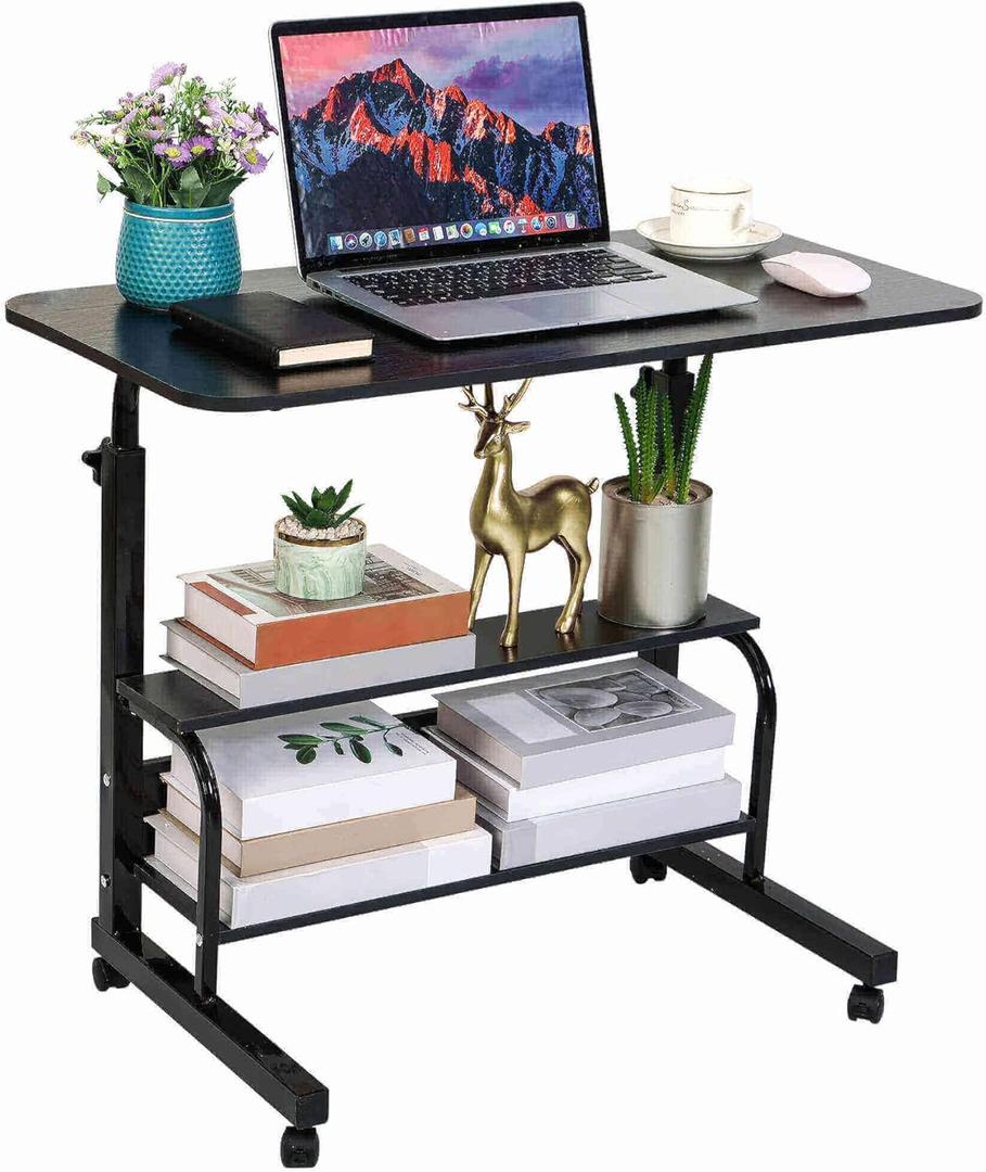 Home Office Study Desk Corner Table for Small Space Rolling Mobile Computer Portable Table for Bedrooms Adjustable Desks Writing Desk with Storage Gaming Size 31.5x15.7 Incn Pure Black