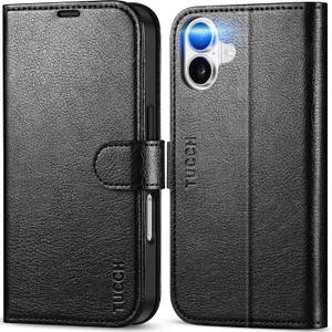 TUCCH Wallet Case for iPhone 16, Kickstand [RFID Blocking] 4 Card Slots [Protective TPU Interior Case], PU Leather Magnetic Shockproof Flip Cover Compatible with iPhone 16, Textured Black