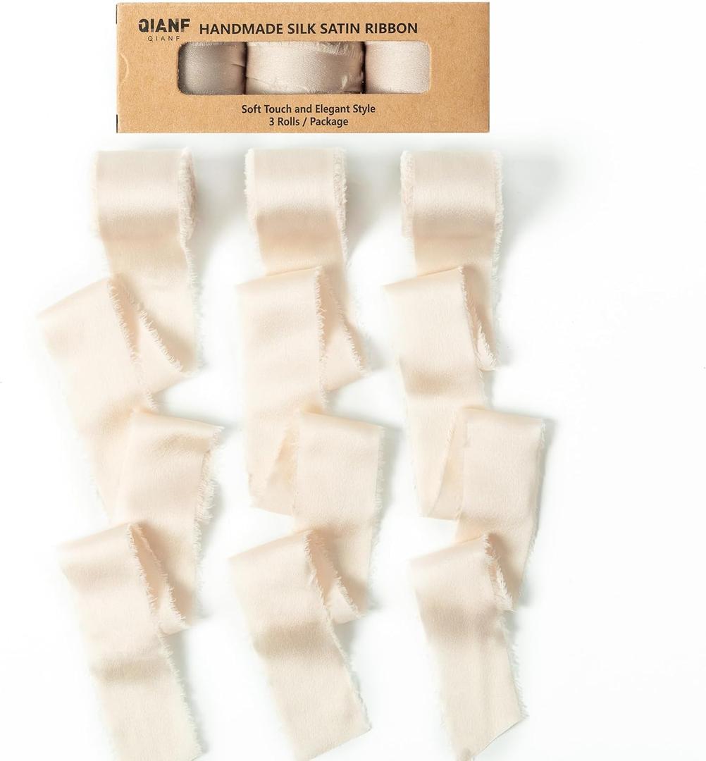 QIANF Light Champagne Handmade Fringe Satin Silk Ribbon 1-1/2 inch x 21 Yard Frayed Edges Ribbons for Wedding Invitations, Flower Bouquets, Gifts Wrapping, Bridal Baby Shower Decor, Party Decorations