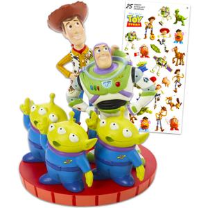 Disney Precious Moments Figurine Toy Story - Bundle with 6" Porcelain Bisque Figurine Featuring Woody, Buzz Lightyear, Green Aliens Plus Stickers | Toy Story Decorations