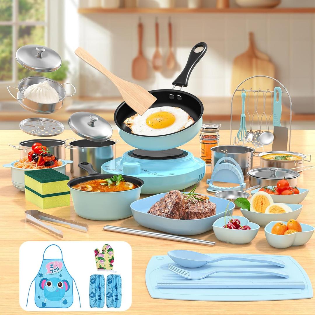 Kids Cooking Sets Real, Kid Safe Montessori Mini Tools Includes Stove Burner, Knife ect for Aged 8-12 Boys Girls Food Making, Easy for Beginners, Education Toys-Blue