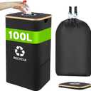 Recycling Bin for Kitchen 100L, 26 Gallon Recycle Bin with 2 Removeable Reusable Waterproof Inner Bag, Large Recycling Bin with Lid for Bottle Can Plastice Stickers (Black)