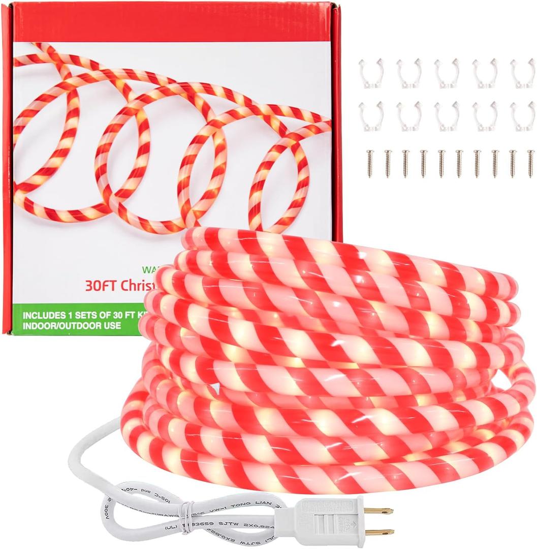 Afirst Christmas Candy Cane Rope Lights - 30FT LED Fairy Lights IP65 Waterproof Connectable Tube Lights for Outdoor Patio Garden Christmas Tree Holiday Decoration