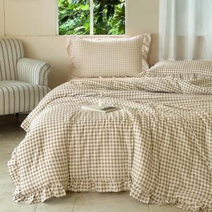 NSNLGSGC Tan Ruffle Gingham Comforter Set Queen, Pre-Washed Ruffled Taupe Plaid Checked Comforter Bedding, 3 Pieces Vintage Farmhouse Grid Bedding Set(Tan Gingham, Queen)