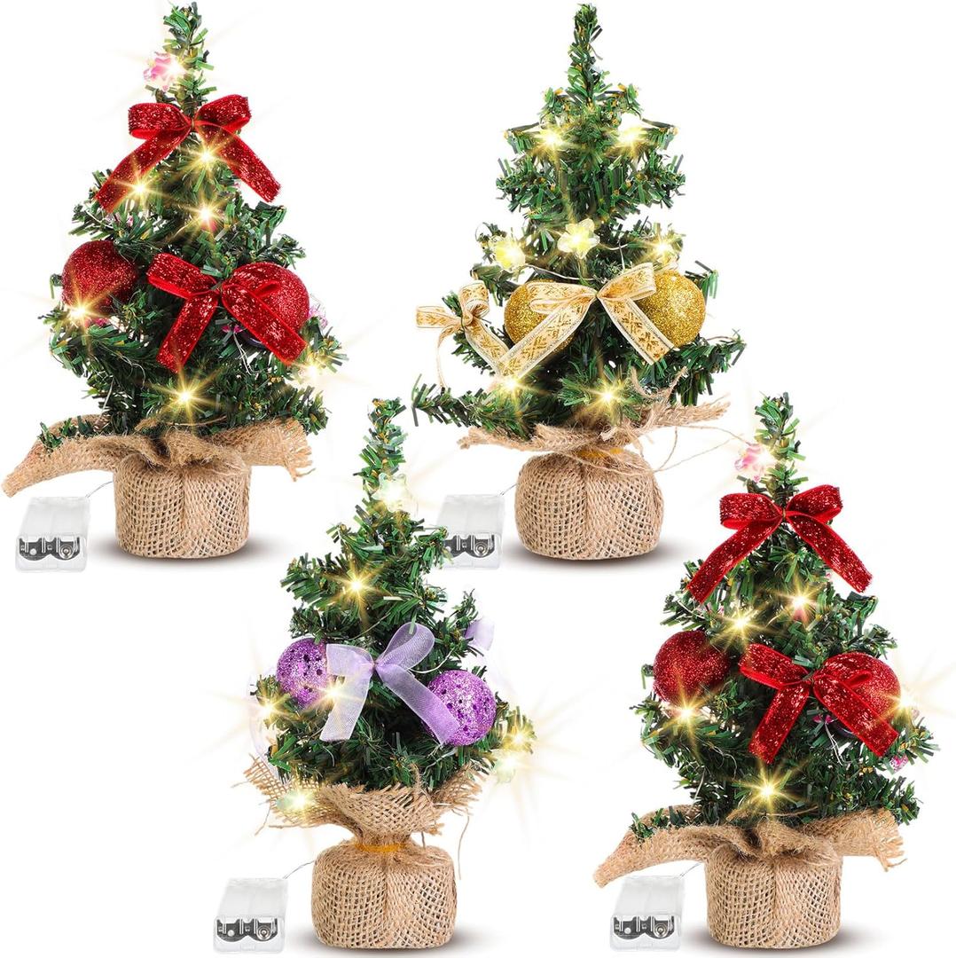 4 Pack 7.8 Inch Pre-lit Mini Christmas Tree Flocked Tabletop Small Artificial Christmas Tree with Hanging Ornaments for Christmas Table Desktop Bedroom Home Indoor Decoration(Luminous)