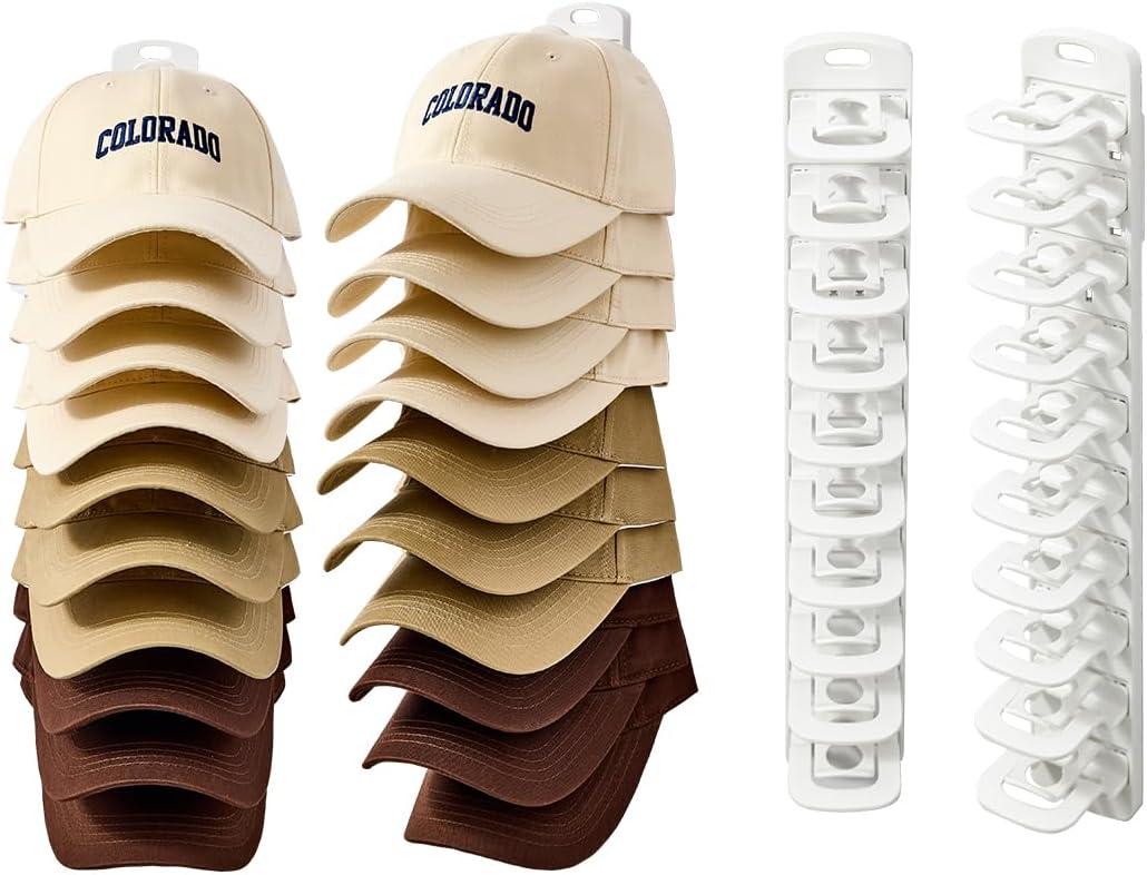 Hat Organizer for Wall, 2 Pack Adhesive Hat Rack for Baseball Caps, No Drilling or Wall Mount Cap Holder with Hooks, Over the Door Hat Storage Organizer for 20 Caps, Closet Storage White