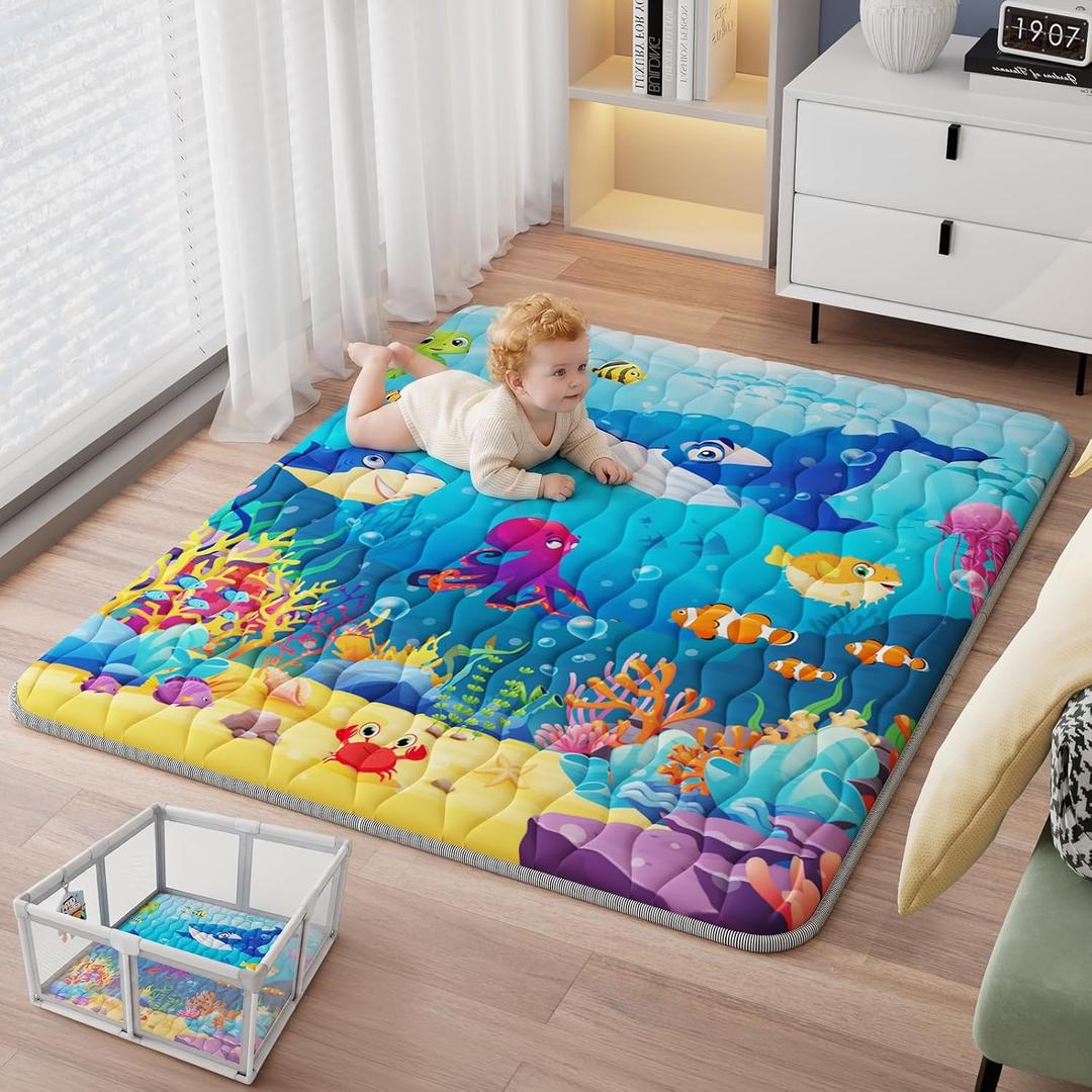 Baby Play Mat, 71"x59" Soft Thicker Playpen Mat, Non-Slip Baby Play Mat for Floor, Portable & Waterproof, Machine Washable Crawling Play Mat for Babies,Toddlers and Infants to Play and Learn,Sea World