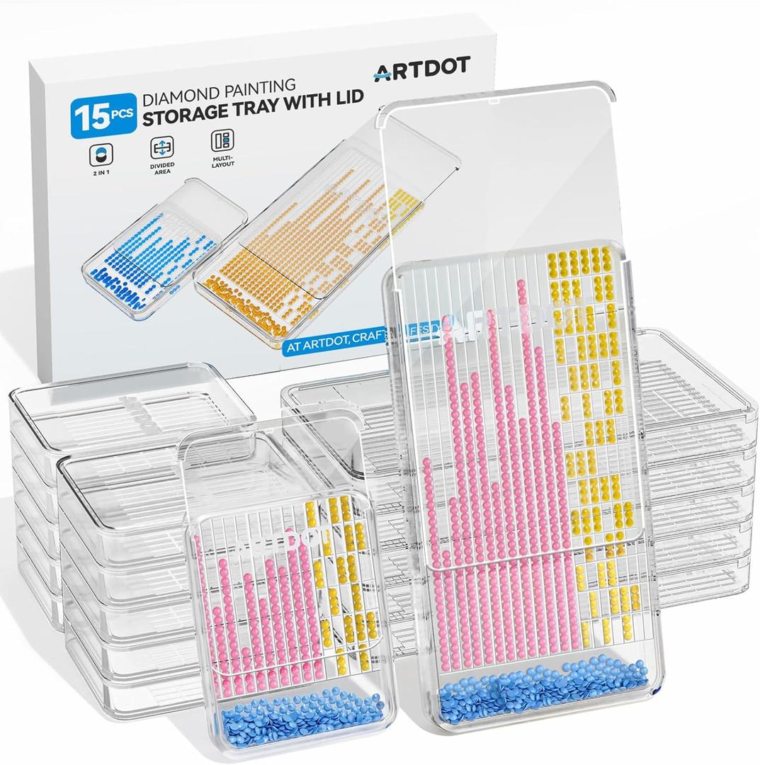 ARTDOT 15-Piece Diamond Art Storage Trays Kits for Adults with Lids, 2-in-1 Stackable Diamond Painting Accessories and Tools (White)