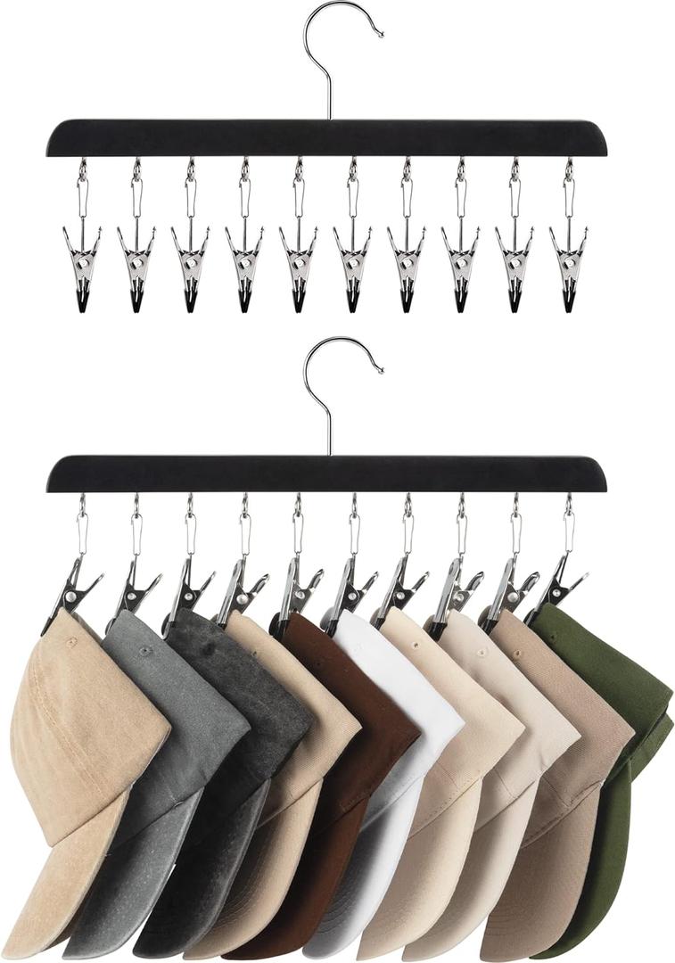StorageWorks Hat Rack, Closet Organizer and Storage for Baseball Caps,Set of 2 with 10 Adjustable Stainless Steel Clips, Fits All Caps, Black (14"W x 7.5"H)