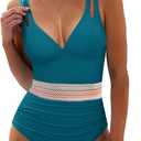 ANRABESS One Piece Swimsuit for Women Tummy Control V Neck Slimming Sexy Bathing Suit Color Block Padded Beach Swimwear Teal Large